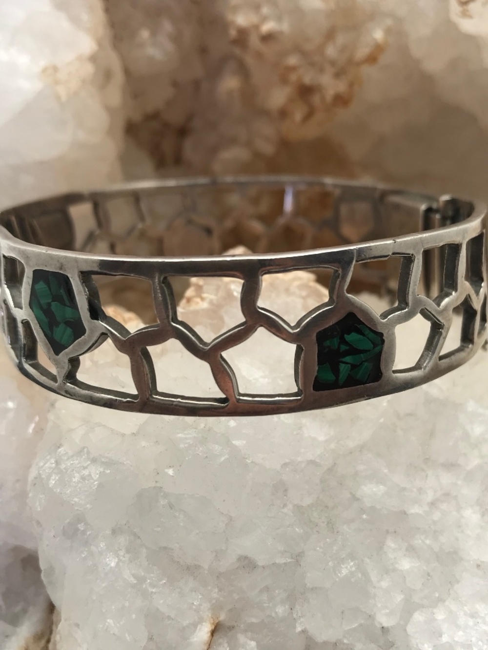 Vintage Taxco Mexico Sterling Silver Malachite Openwork Bangle Bracelet TL-75